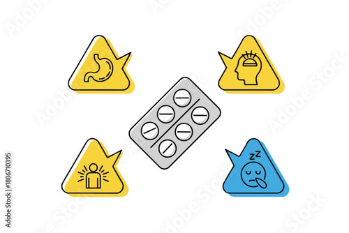Medical warning icons and pill blister pack on white background