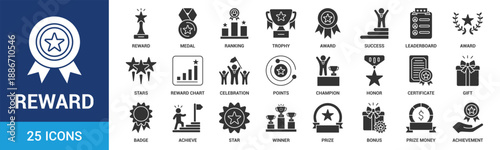 Reward icon set. Containing reward, medal, ranking, trophy, award, success and more. Glyph vector icons collection.