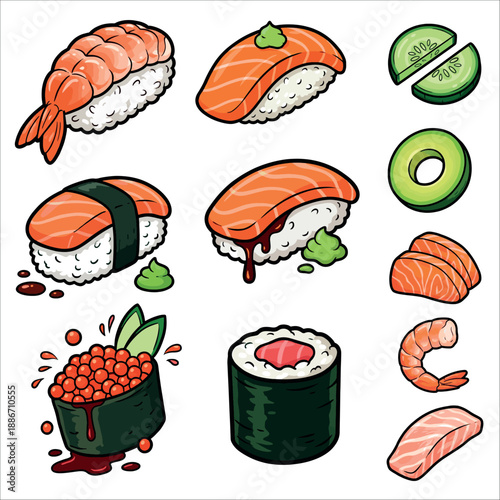 Japanese food pattern background, sushi sashimi ramen cute icon seamless pattern. Sushi roll japan street fast food with seafood and rice salmon and cheese vector