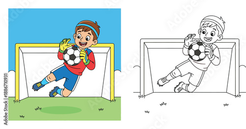 Coloring book page vector illustration of a cute cartoon boy playing soccer as a goalkeeper catching the ball with a colored example for kids activity.