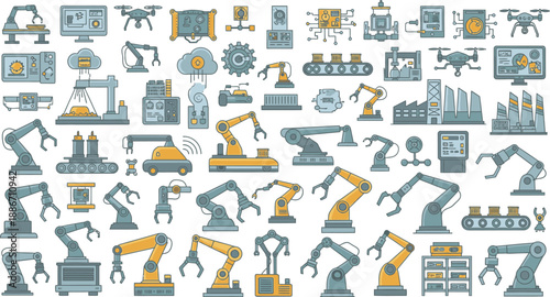 Industrial automation and robotics collection, featuring robotic arms, factories, and conveyor belts for manufacturing.