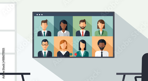 Business professionals collaborating remotely in a virtual meeting on a computer screen