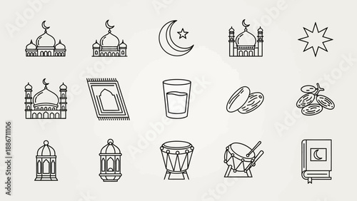 Collection of Islamic Icons including Mosques, Prayer Mats, Dates, Lanterns, Drums, and the Holy Quran, for Ramadan and Eid celebrations