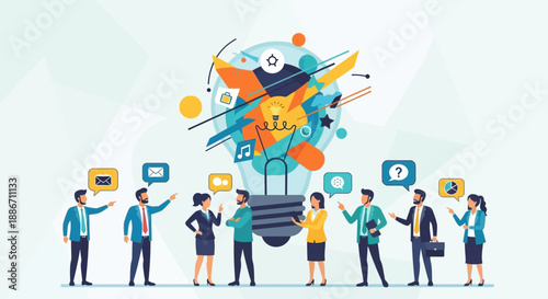 Business professionals interacting with a giant lightbulb surrounded by digital icons and graphics in a modern workspace environment from a slightly elevated viewpoint