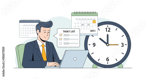 Business professional working efficiently on laptop with task list and clock nearby in office environment