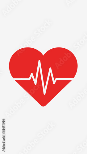 Red heart graphic with a white electrocardiogram line, symbolizing health, medical care, and the vital rhythm of life. This design represents well-being and continuous cardiac monitoring