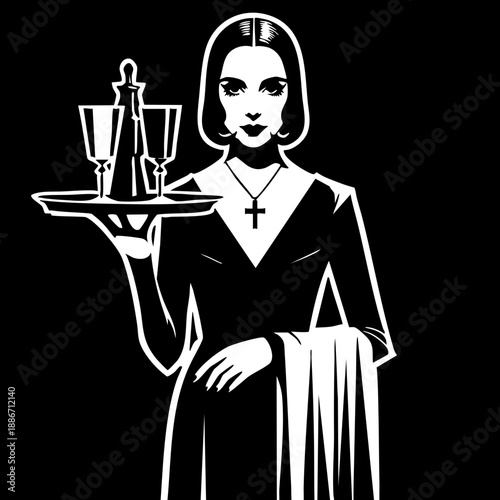 Waitress with Tray: Woman carrying a tray with glassware.