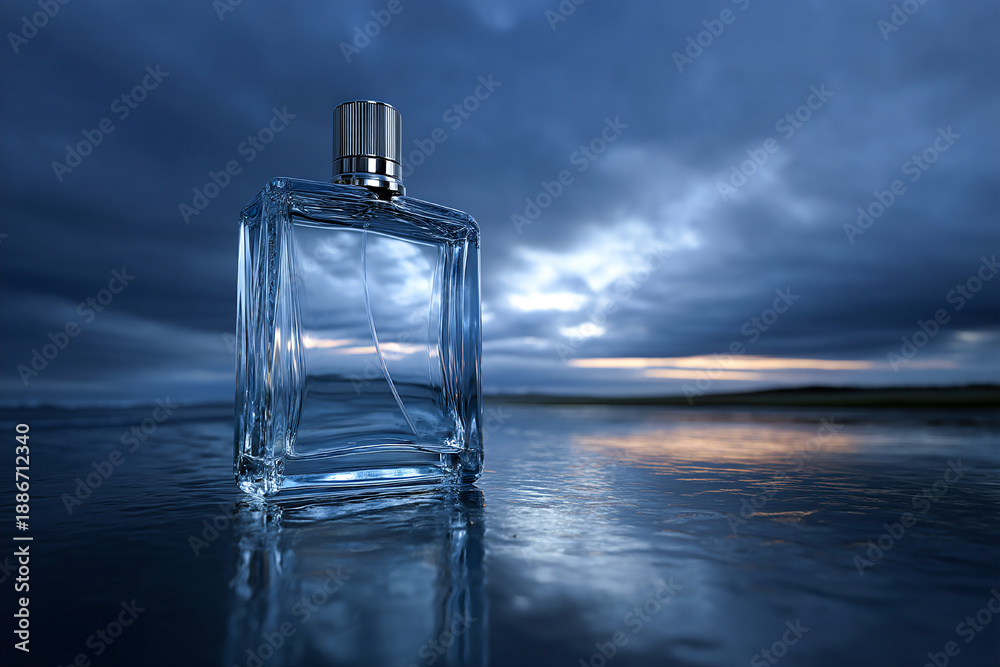 Naklejka premium Elegant cologne bottle shining on dark reflective surface at twilight Generative AI