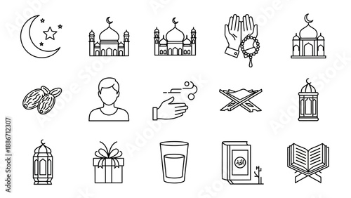 Ramadan icons collection Islamic symbols, mosque, prayer, Quran, crescent moon, dates, gift, lantern, and glass of water