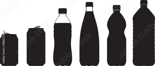 A collection of various beverage containers in silhouette, showcasing different types of bottles and cans for liquids