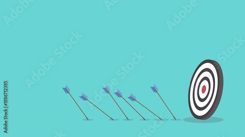 Business challenge failure and success concept. Blue arrows missed hitting target and only red one hits the center.	
