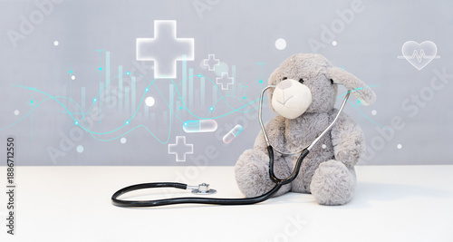Photos A plush bunny doctor with a stethoscope symbolizes the future of pediatric healthcare, telehealth, and innovative medical technology