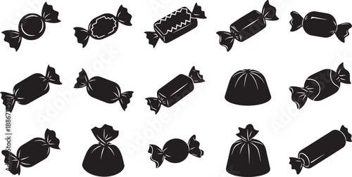 Diverse collection of classic candy shapes and wrapped sweets, presented as versatile black silhouette icons for any design project, ideal for confectionery themes
