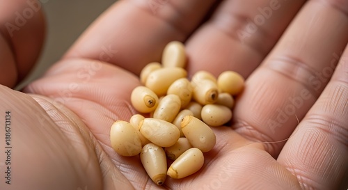 Pine nuts held in a person s hand