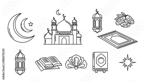 Elegant outline illustrations of Islamic cultural and religious symbols, depicting elements for Ramadan, Eid, and spiritual celebrations, ideal for design projects