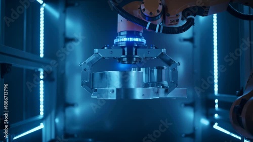 Industrial Robotic Arm Picking Up Metal Part in Modern High Tech Factory