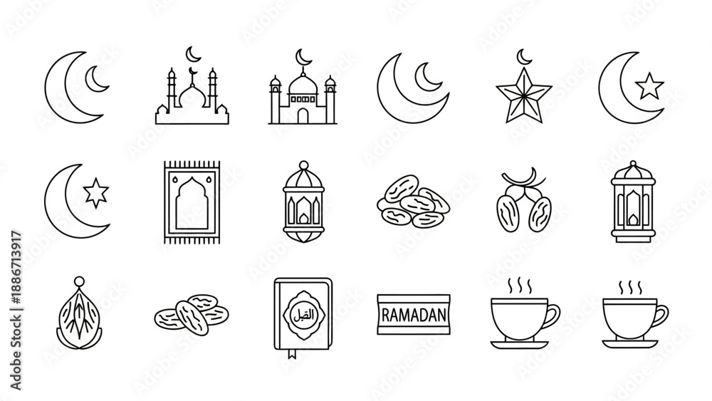 © Fendy - A comprehensive collection of outlined icons representing the sacred month of Ramadan, featuring celestial symbols, religious structures, and traditional items for celebration and devotion