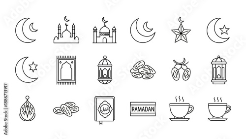A comprehensive collection of outlined icons representing the sacred month of Ramadan, featuring celestial symbols, religious structures, and traditional items for celebration and devotion