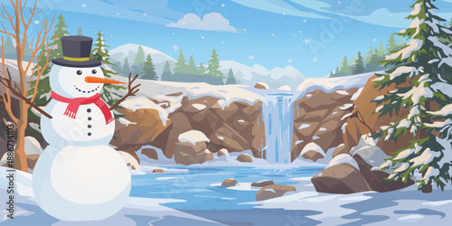 Happy snowman with a hat, scarf, and carrot nose stands in a cold winter forest and on a snowy roof in this festive Christmas holiday vector illustration and New Year card landscape