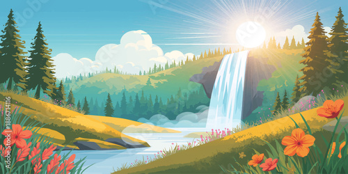 Beautiful sunset over mountain peaks and forest trees under a glowing sky with clouds reflecting on the water of a peaceful lake