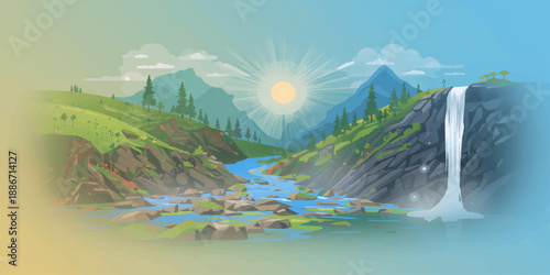 Panoramic summer morning view of a green city landscape with trees and mountains under a bright sun and clouds at sunrise