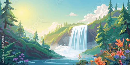 A breathtaking sunset glows over a mountain river and the cascading nature of a Niagara falls landscape where a rainbow arches across the sky