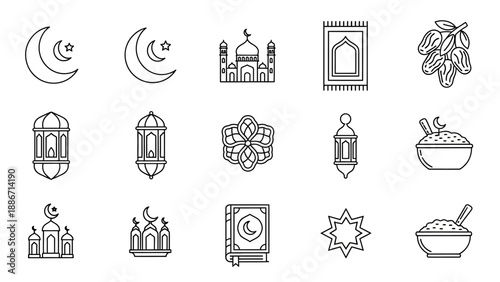 Collection of Islamic and Ramadan themed outline icons featuring mosques, crescent moons, lanterns, and religious elements for diverse design projects