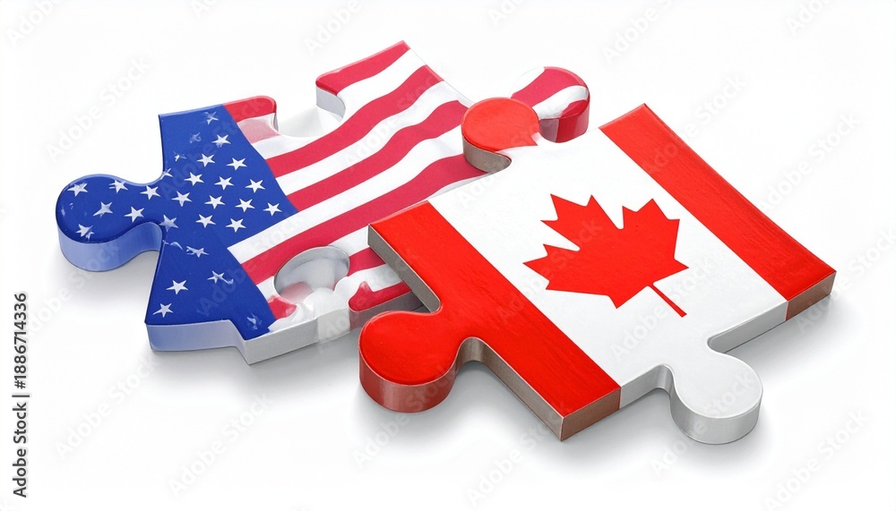 Naklejka premium Two interlocking puzzle pieces featuring the flags of the United States and Canada, symbolizing cooperation and partnership, set against a clean background with a focus on color and connection.