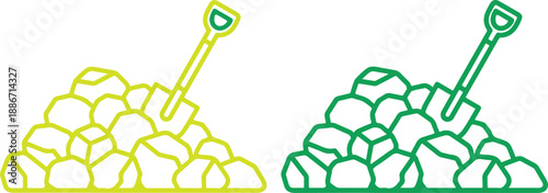 Colorful illustration of two piles of stones with shovels on top in yellow and green hues