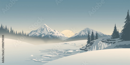 A breathtaking panorama of the snowy Swiss Alps features a high mountain peak and icy glacier under a cold blue sky, creating a majestic winter landscape perfect for a ski travel view