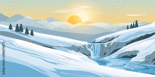 Panoramic view of a snowy winter landscape featuring high alpine mountain peaks and glaciers under a cold sky with white clouds during a beautiful sunset in the Alps