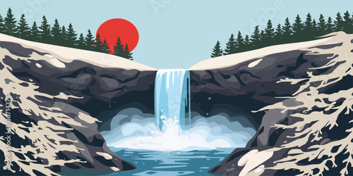 A lone man stands amidst a snowy winter mountain landscape and dense forest, where a frozen river meets a cold blue lake surrounded by ice and white rocks under a stormy nature sky