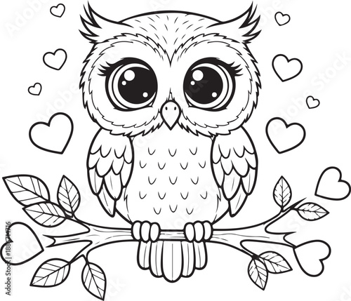 Cute cartoon owl sitting on branch with hearts around  love animal