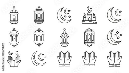 Elegant Outline Icons Depicting Islamic Holy Month Traditions, Featuring Traditional Lanterns, Crescent Moons, Mosques, and Praying Hands, Ideal for Ramadan and Eid Celebrations