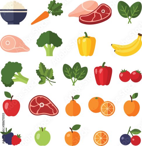 Assorted fresh fruits and meats displayed in a flat-lay arrangement on a white background from a direct viewpoint