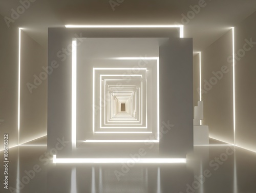 Minimalist infinite corridor with glowing square frames and reflective floor creating futuristic spatial tunnel symbolizing clarity focus and endless progression
