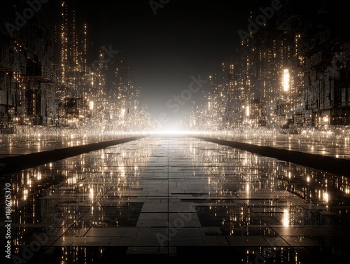 Futuristic luminous city corridor with reflective surface and golden light particles symbolizing digital transformation urban intelligence and infinite progress