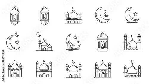 Collection of Islamic-themed icons including mosques, lanterns, and crescent moons with stars, perfect for Ramadan and Eid celebrations