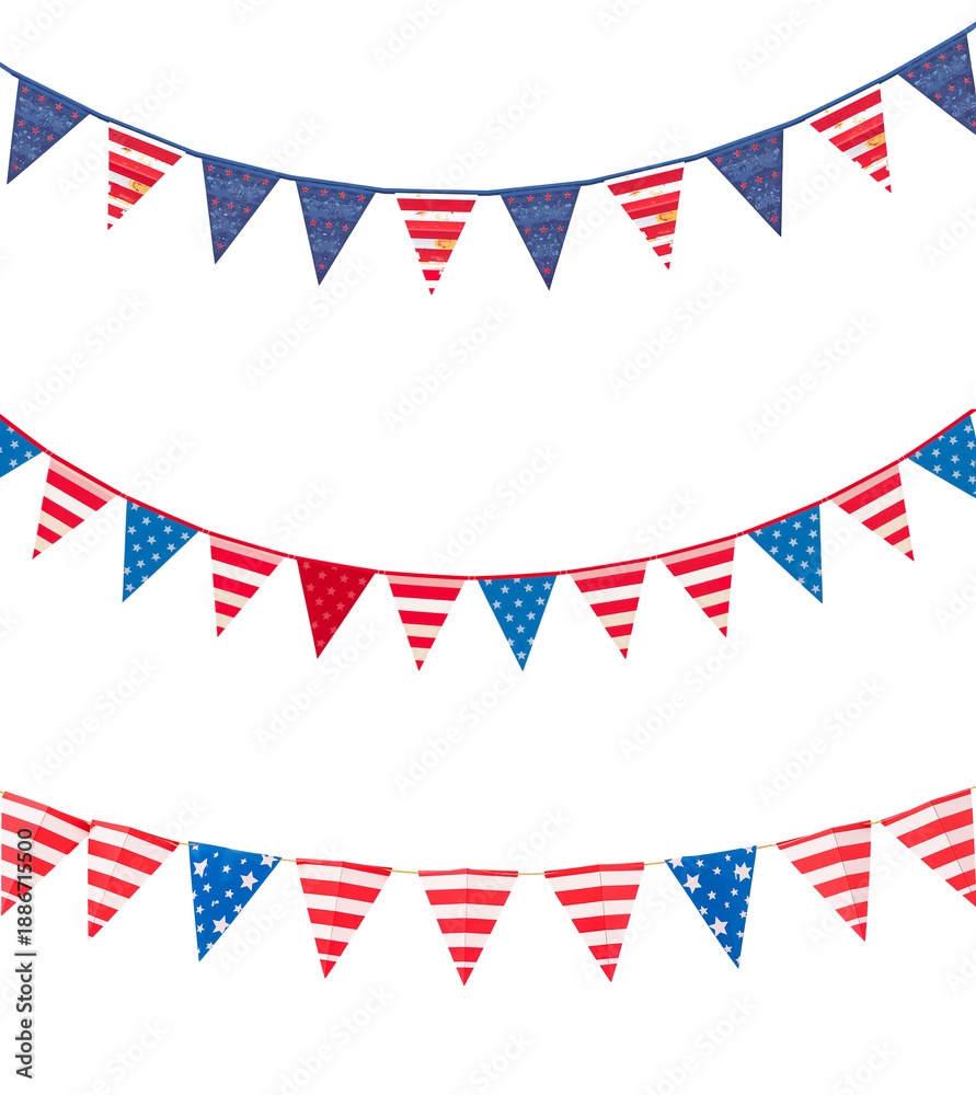 Fototapeta premium Garland of triangular flags on a rope in the colors of the American flag isolated on a transparent background, flat design illustration
