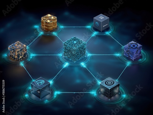 Abstract decentralized digital ecosystem with interconnected modules and glowing nodes representing blockchain architecture data exchange and system interoperability