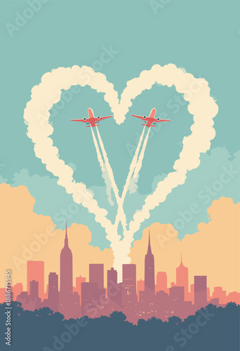 vintage style travel poster showing two airplanes leaving contrails that form giant heart sky over generic romantic city skyline Flat
