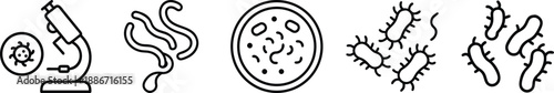 Set of simple line art icons showing various microorganisms, including bacteria and a bacteriophage virus, for scientific use. transparent background