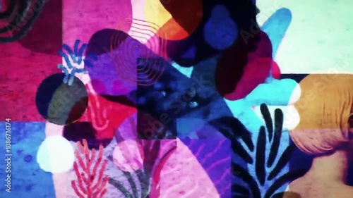 Abstract artwork featuring human form with layered shapes and vibrant colors