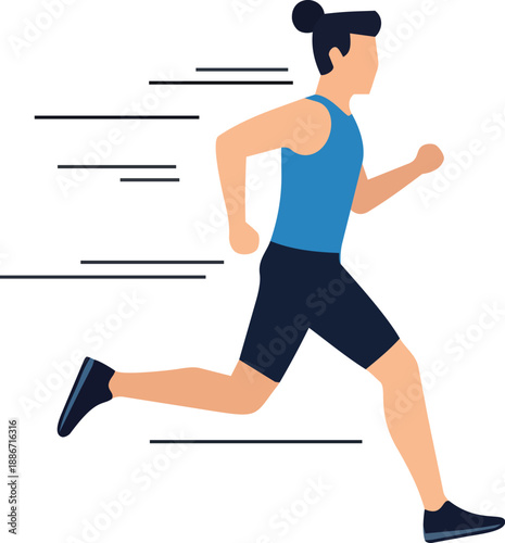 A person running quickly in a blue tank top and black shorts from a side viewpoint