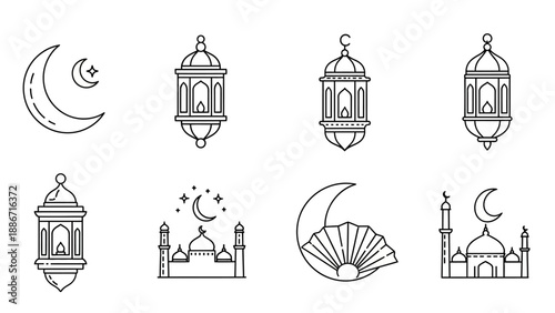 Collection of minimal line art icons featuring traditional Islamic symbols such as crescent moons, ornate lanterns, and mosques, ideal for Ramadan and Eid celebrations and cultural designs