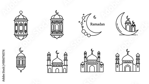 Islamic Icons Collection Ramadan Lanterns, Mosques, and Crescent Moons for Festive Designs