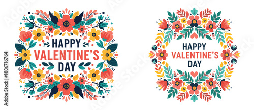 Happy Valentines Day Colorful Floral Frame and Decorative Flowers Background