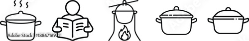 Cooking icons depicting pots of food, a person reading a recipe, campfire cooking, and kitchen pots. transparent background