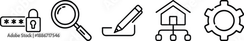 Security, Search, and Smart Home System Icons Set Featuring Password Lock, Magnifying Glass, Edit Pen, Networked House, and Settings Gear transparent background