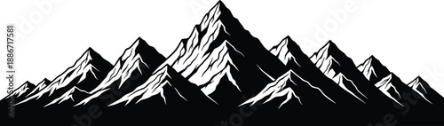 Minimalist black and white mountain silhouette with sharp peaks and snow highlights, ideal for nature themes, outdoor branding, adventure design, and wilderness concepts.